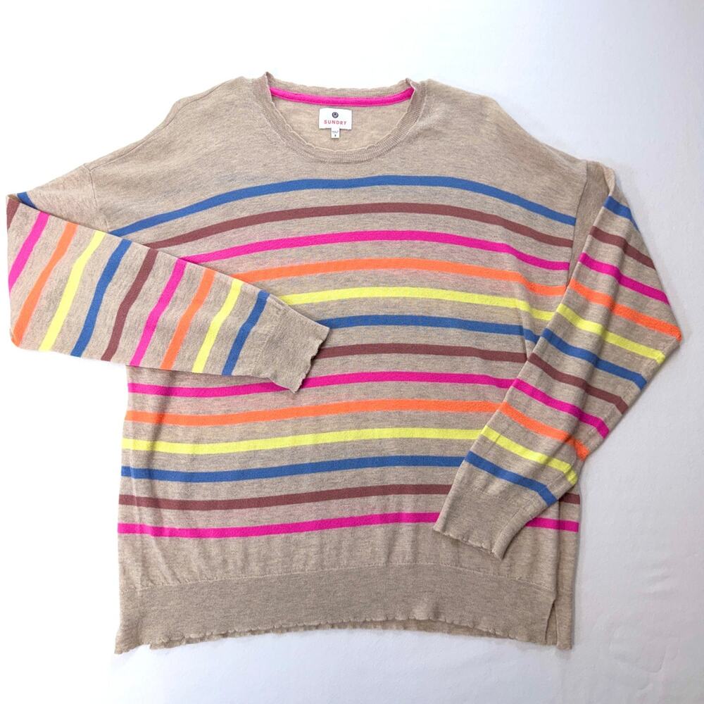SUNDRY Women's L 3 Beige Multi-Color Stripe Crewneck Sweater Raw Hem Pullover